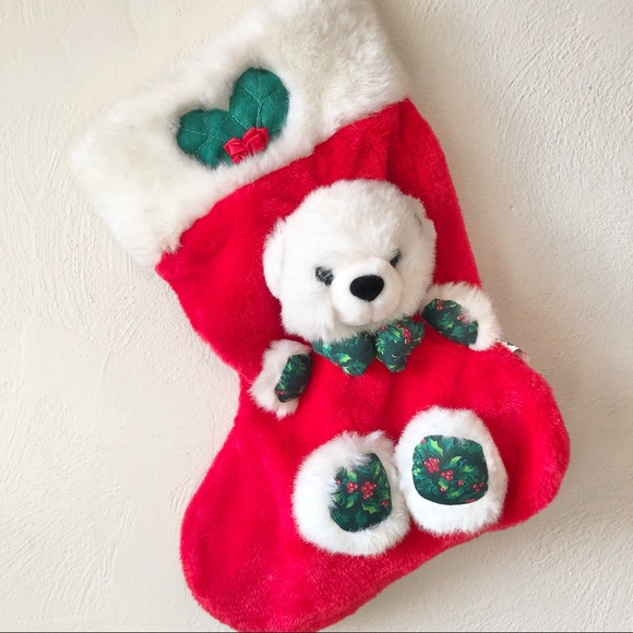 Vintage Christmas Stocking with Plush Stuffed Animal Teddy Bear - Picture 1 of 7